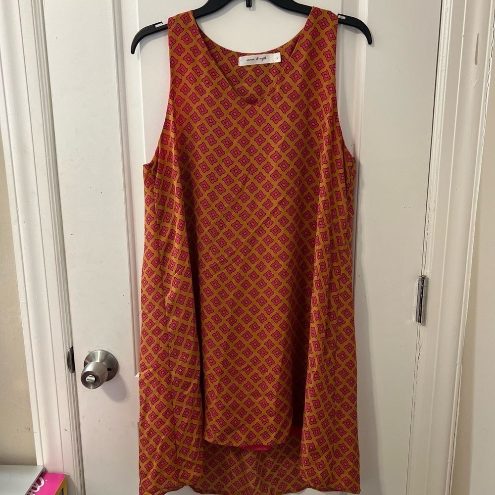 cameo & myth Mustard Yellow Pink Geometric Print Sleeveless Trapeze Shift Dress